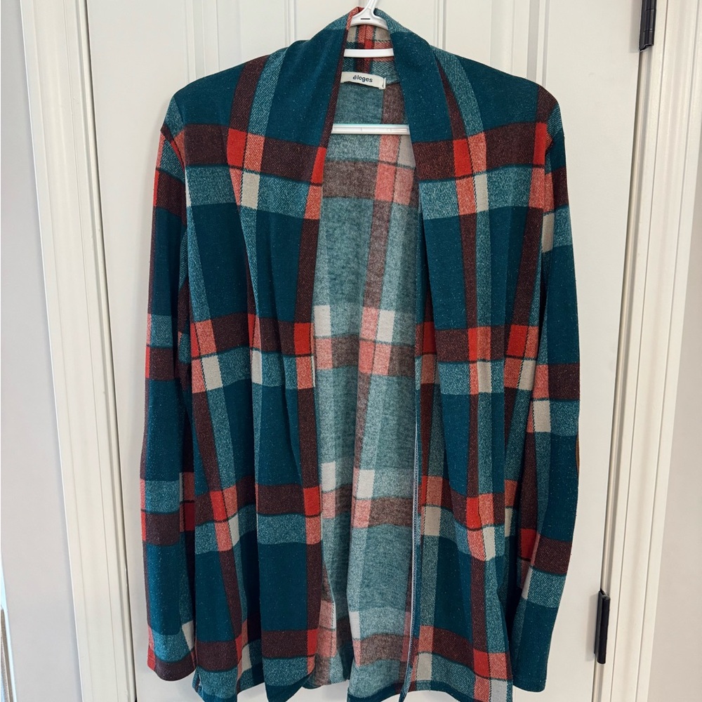 Teal Plaid Open-Front Women's Cardigan Sweater